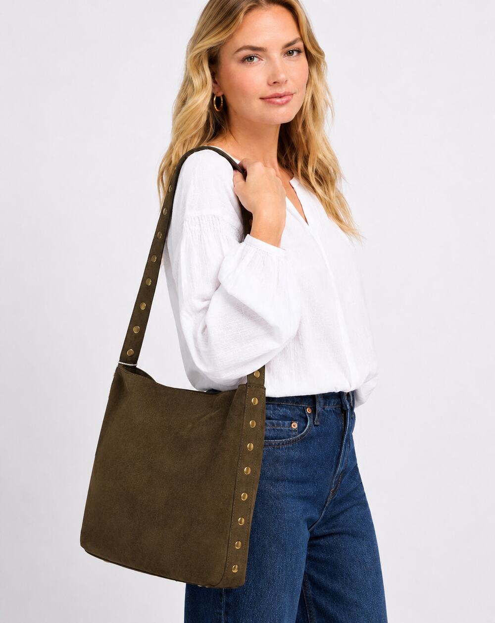 Malibu Skye Luna Studded Faux Suede Shoulder Bag Olive Green New Purse